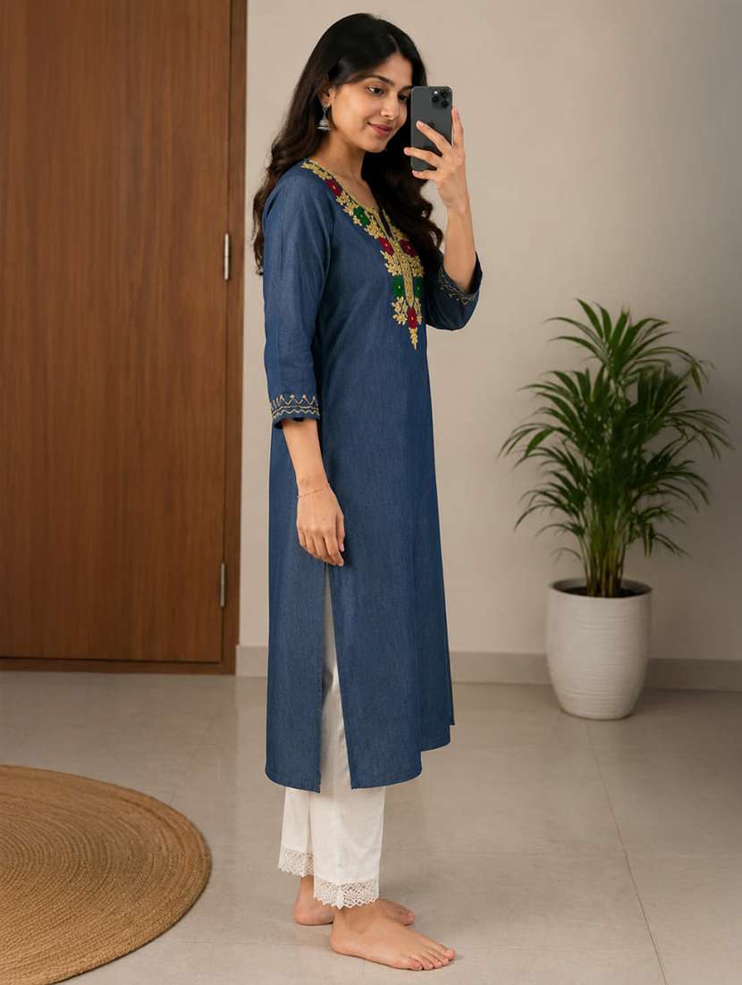 women embroidered three quarter sleeve straight kurta - 22554856 -  Standard Image - 2