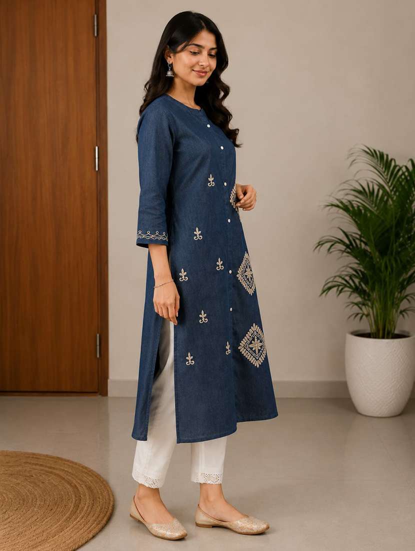 women embroidered three quarter sleeve straight kurta - 22554857 -  Standard Image - 2