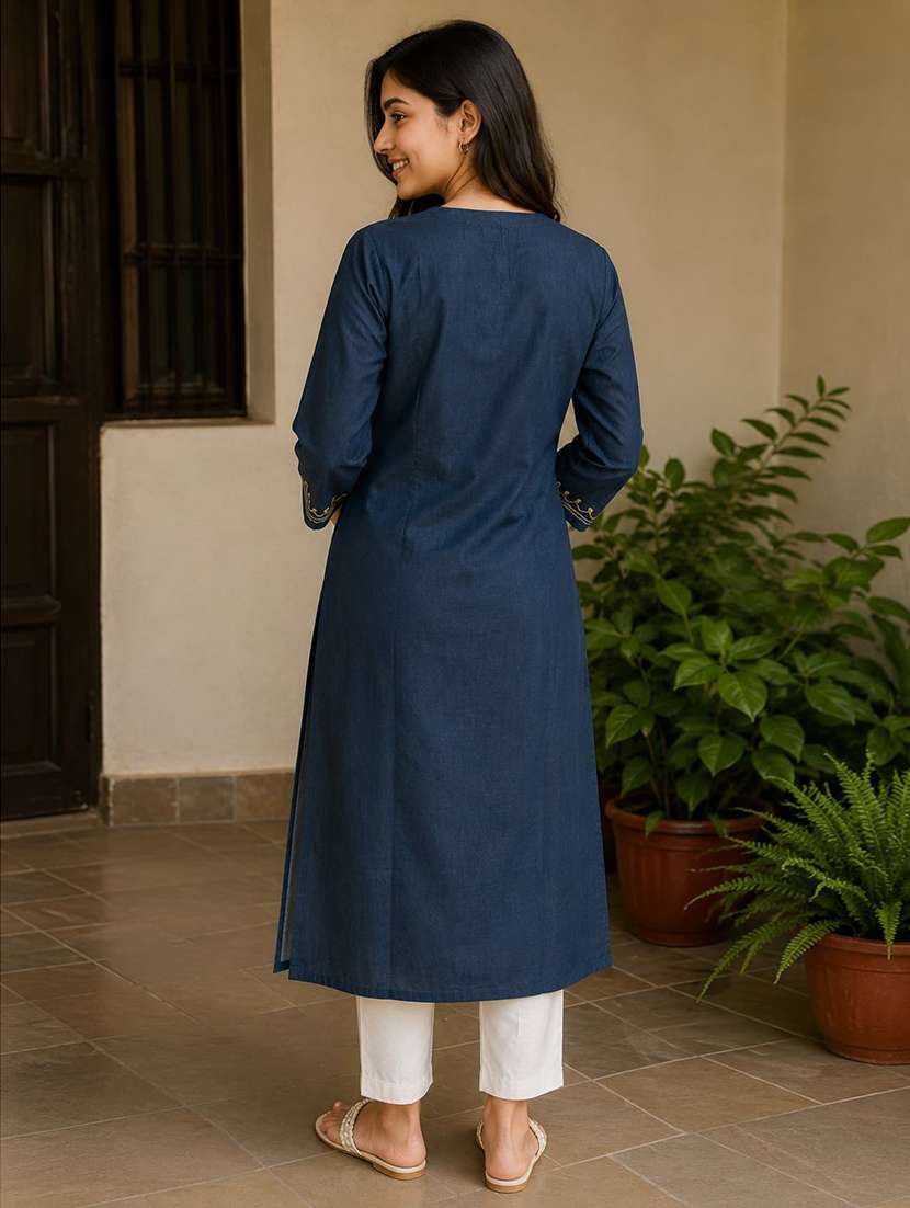 women embroidered three quarter sleeve straight kurta - 22554866 -  Standard Image - 2