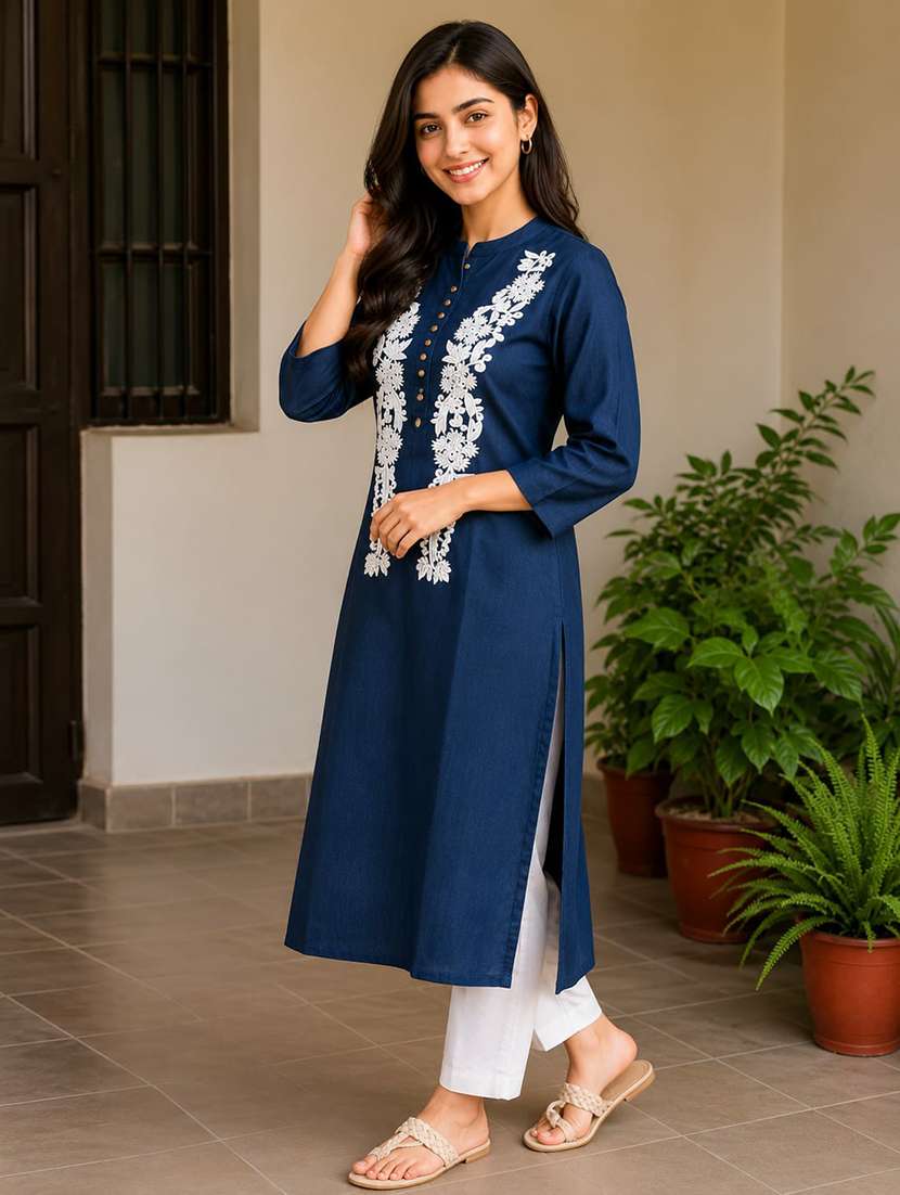 women embroidered three quarter sleeve straight kurta - 22554867 -  Standard Image - 2