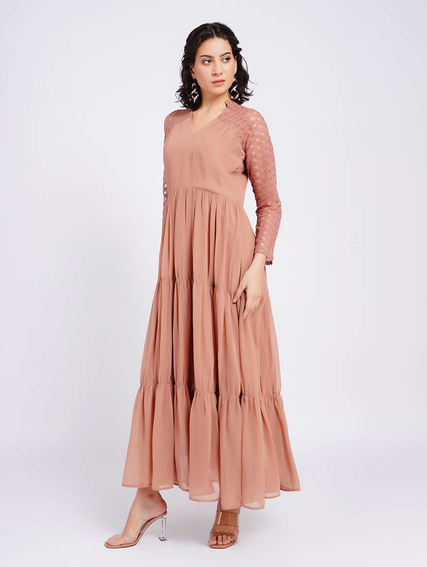 women self design long sleeves tiered dress - 22554881 -  Standard Image - 2