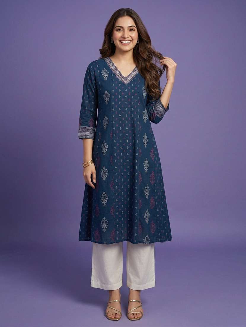 women printed three quarter sleeve a-line kurta