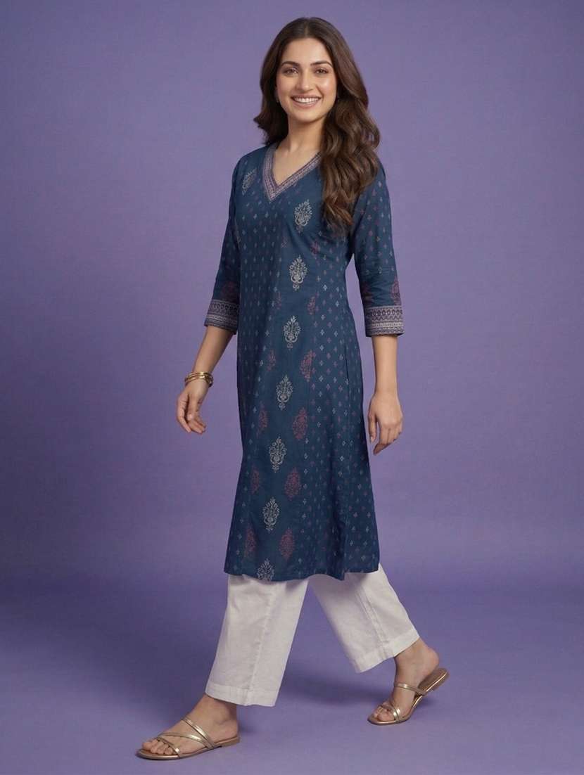 women printed three quarter sleeve a-line kurta - 22555036 -  Standard Image - 2