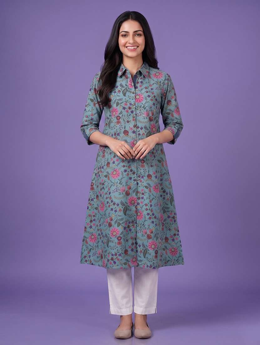 women printed three quarter sleeve a-line kurta - 22555045 -  Standard Image - 2