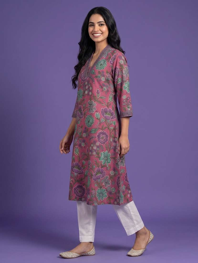 Women Printed Three Quarter Sleeve A-line Kurta - 22555046 -  Standard Image - 2