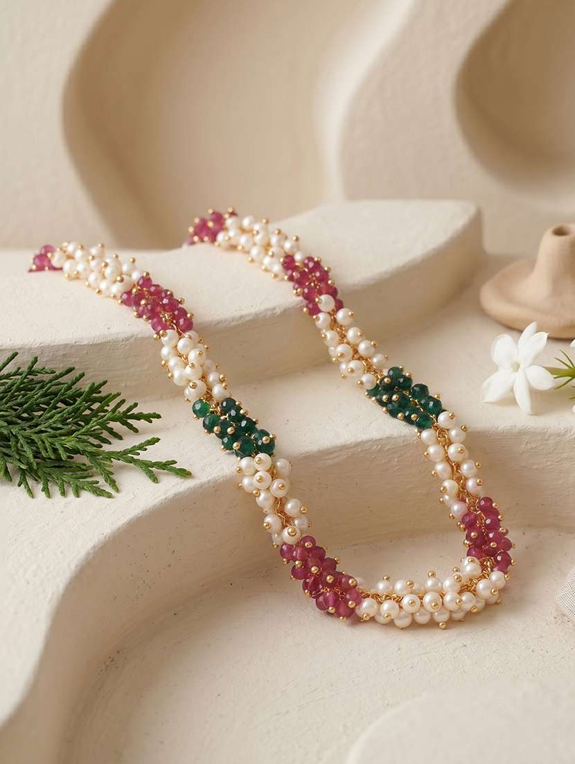 natural emerald ruby pearl interwined strand necklace for women