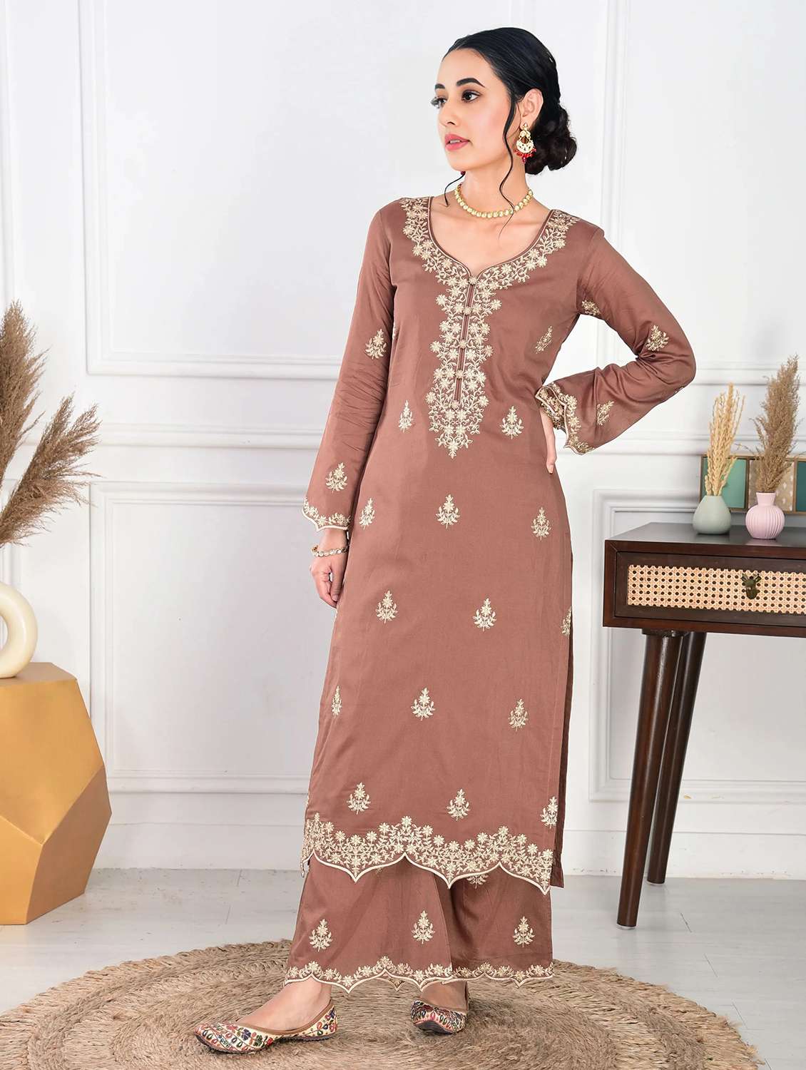women embroidered long sleeve kurta palazzo with dupatta set - 22555193 -  Standard Image - 2