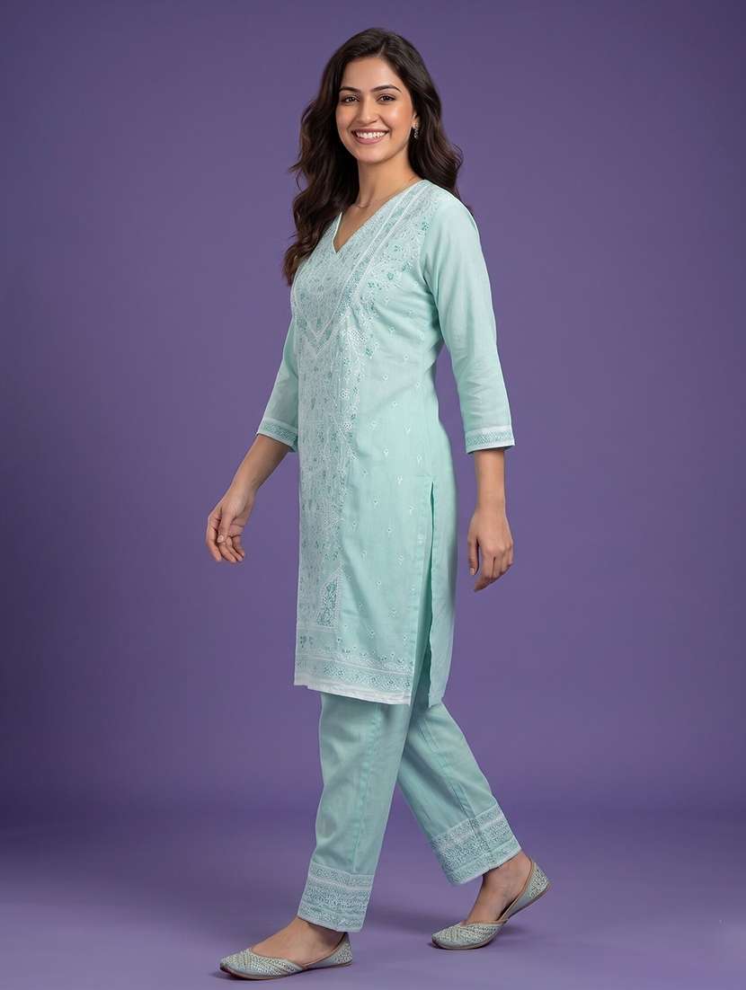 women embroidered three quarter sleeve kurta pant set - 22555209 -  Standard Image - 2