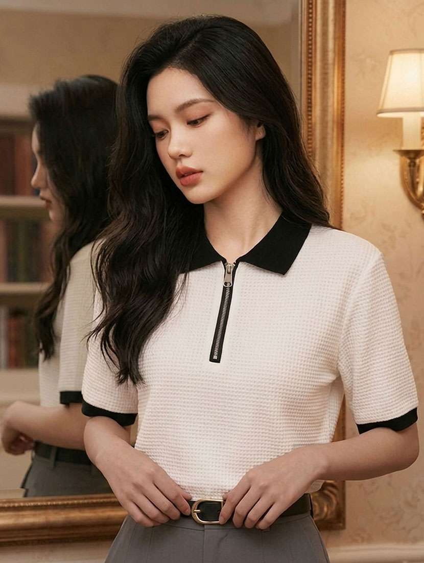 women self design short sleeves polo t-shirt - 22556123 -  Standard Image - 2