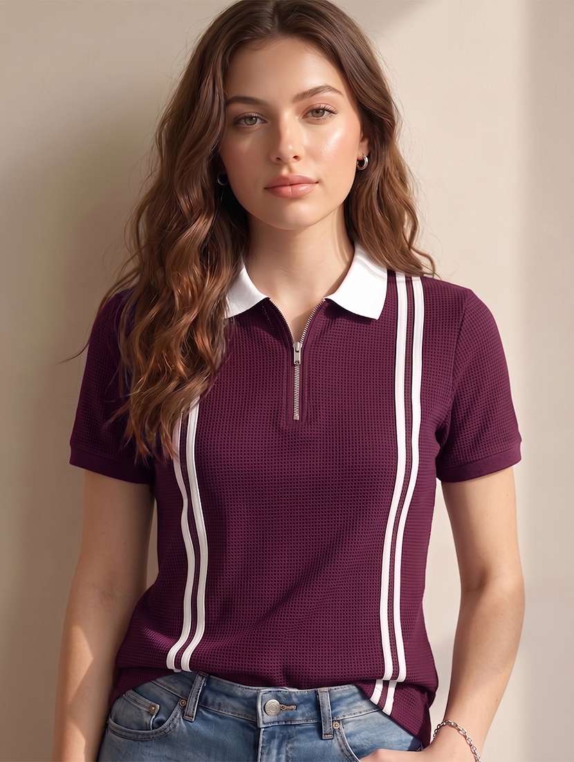 women self design short sleeves polo t-shirt - 22556218 -  Standard Image - 2