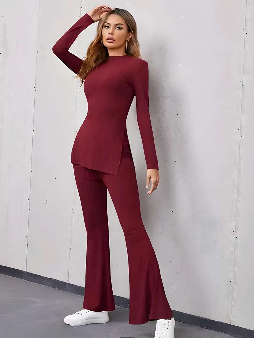 women solid long sleeves top and trouser co-ord set - 22557057 -  Standard Image - 2