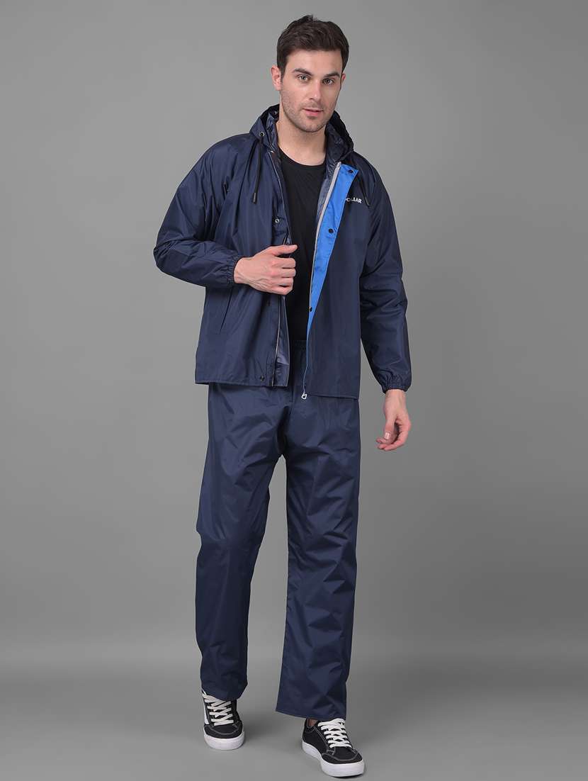 men solid long sleeve hooded rain suit set