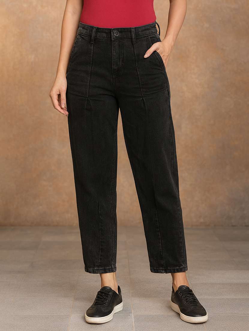 women washed high rise straight fit jeans
