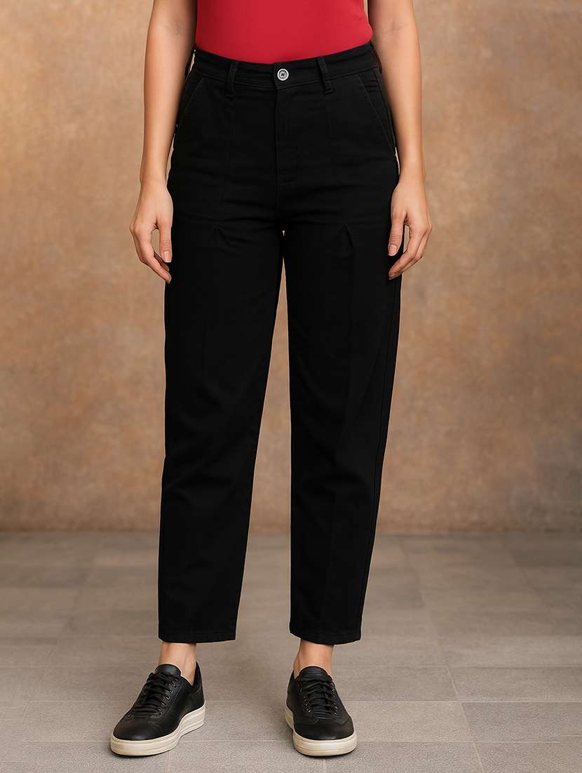 women solid high rise straight fit jeans
