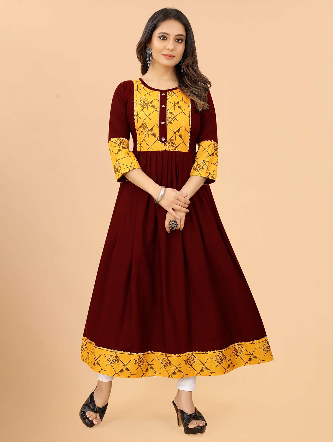women printed three quarter sleeves a-line kurta