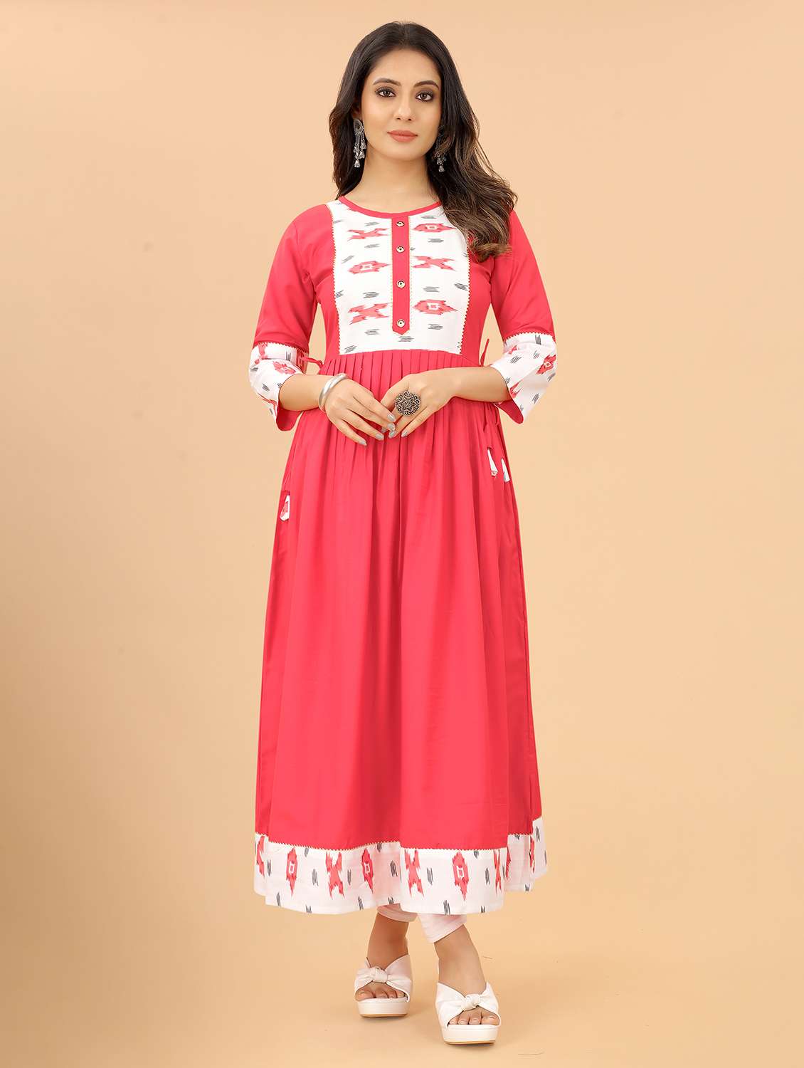 women printed three quarter sleeves a-line kurta