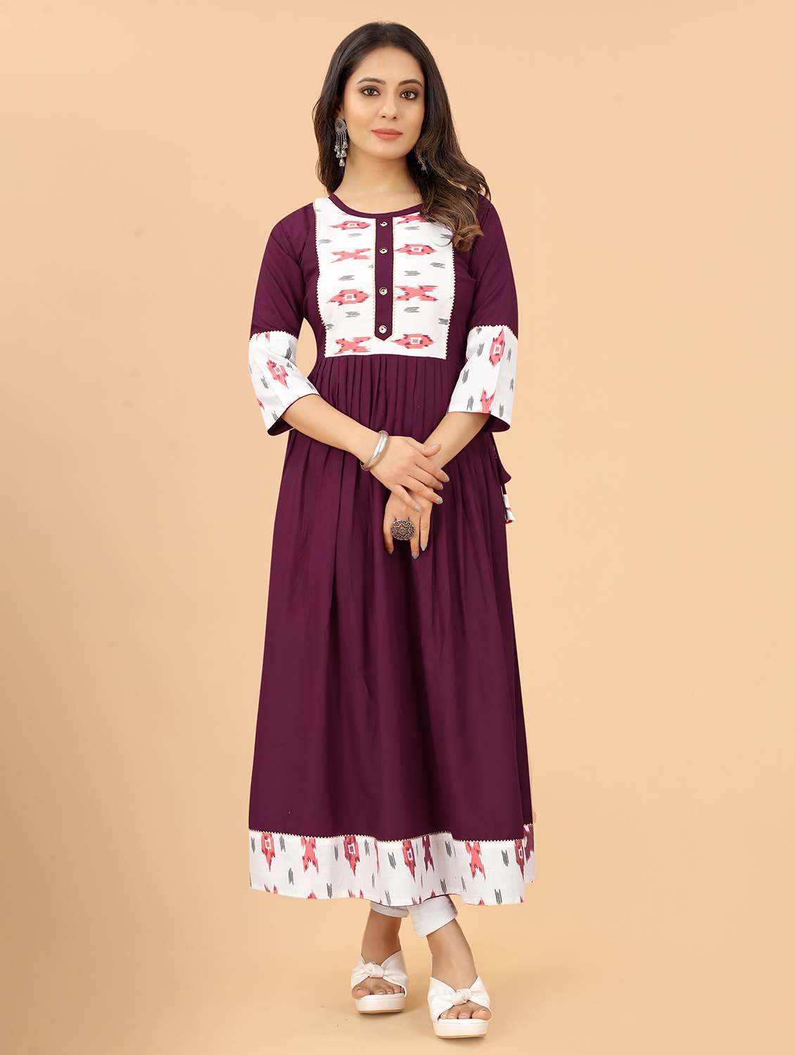 women printed three quarter sleeves a-line kurta