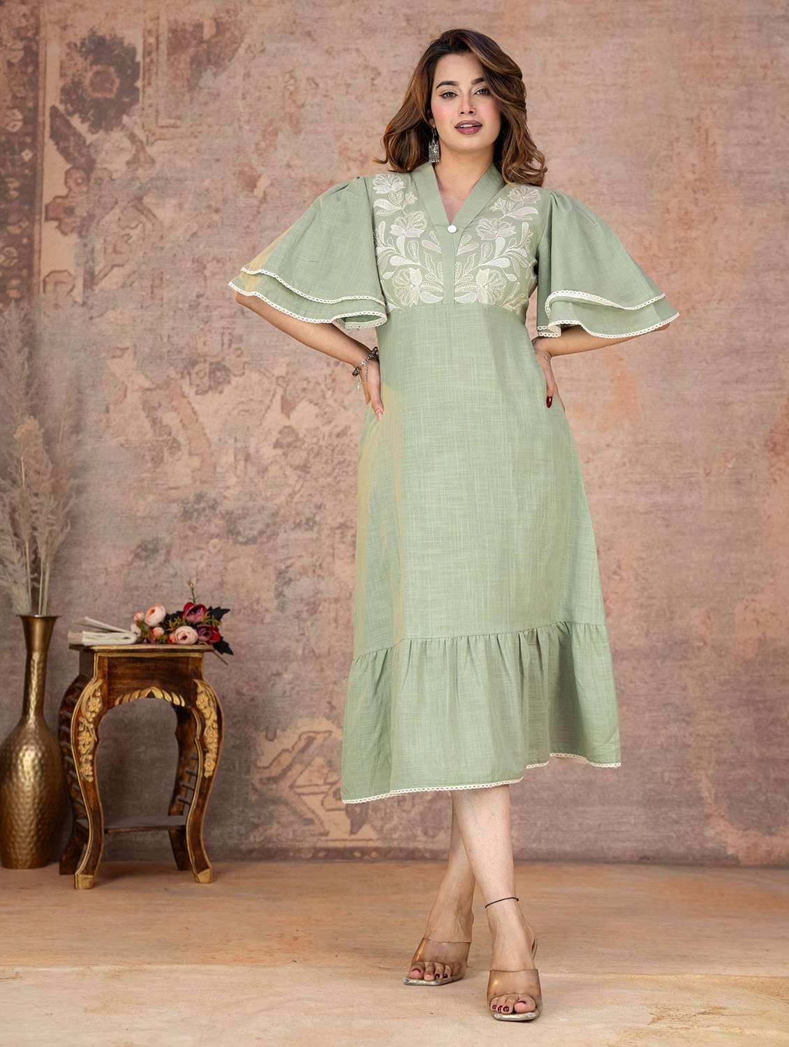 women embroidered flared sleeves tiered dress