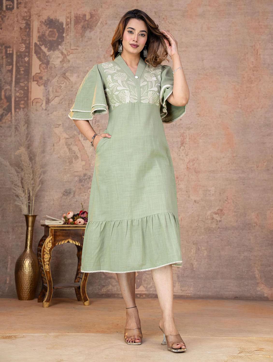 women embroidered flared sleeves tiered dress - 22558305 -  Standard Image - 2