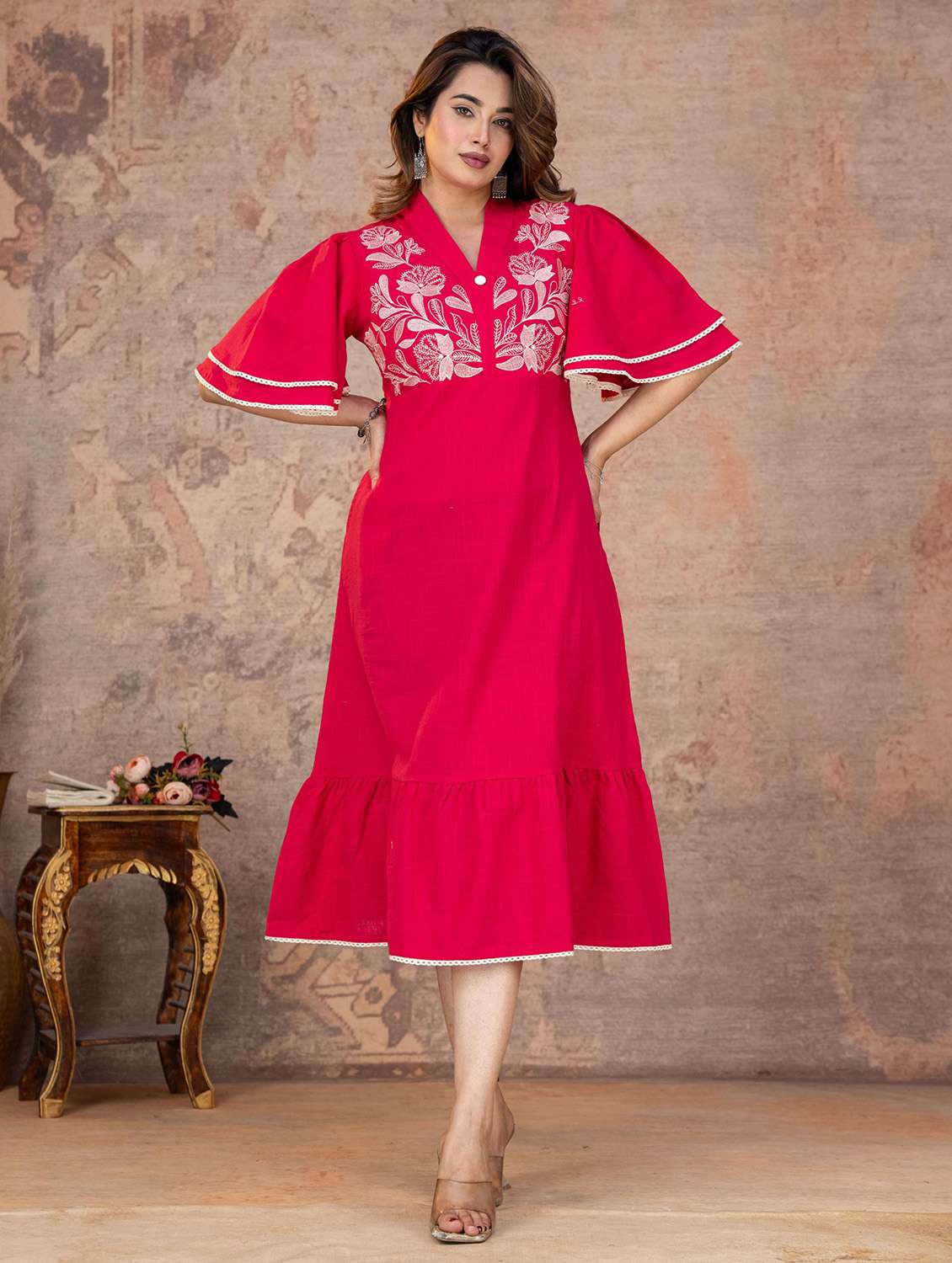 women embroidered flared sleeves tiered dress
