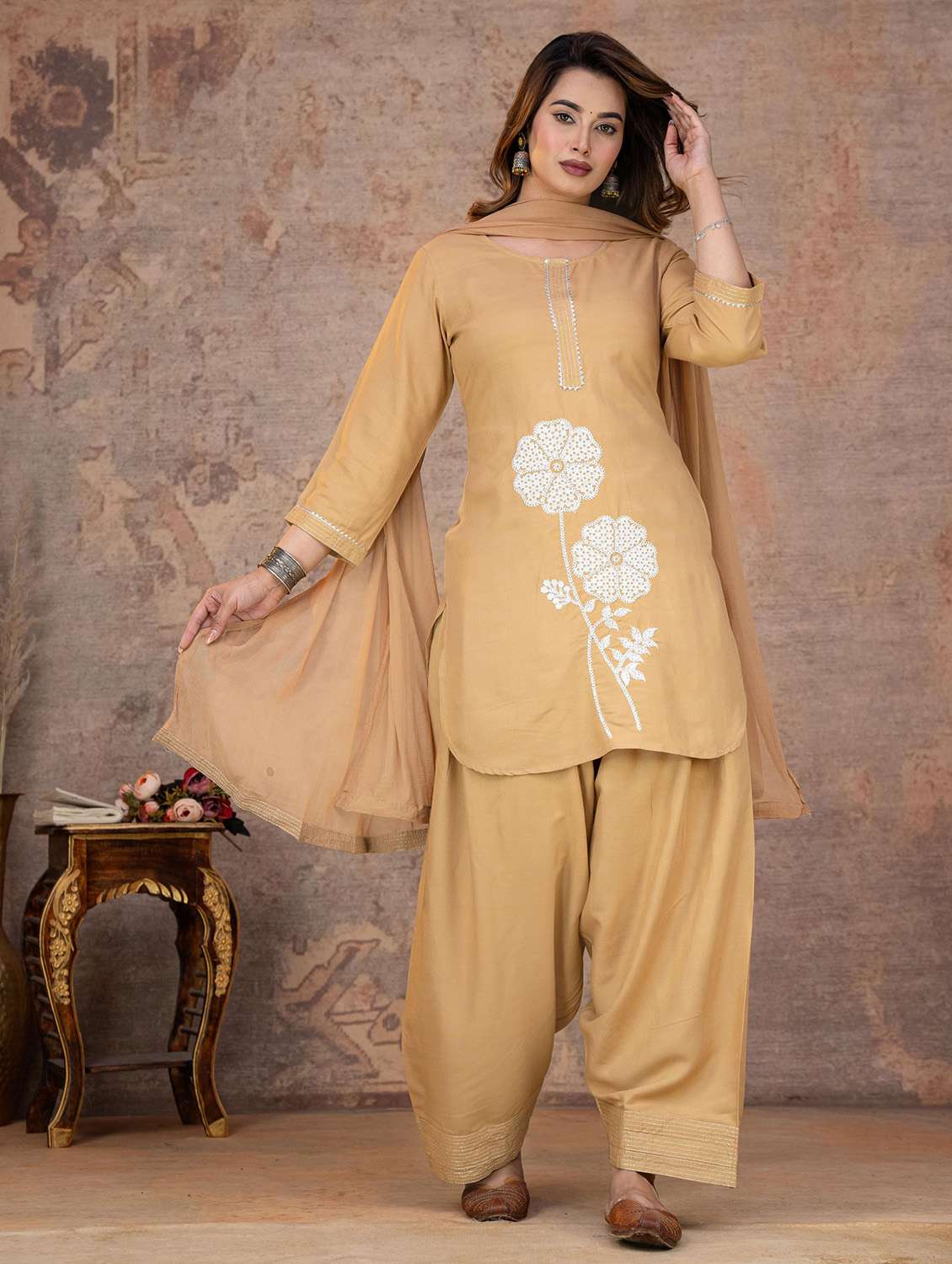 women embroidered three quarter sleeve kurta salwar with dupatta set - 22558315 -  Standard Image - 2