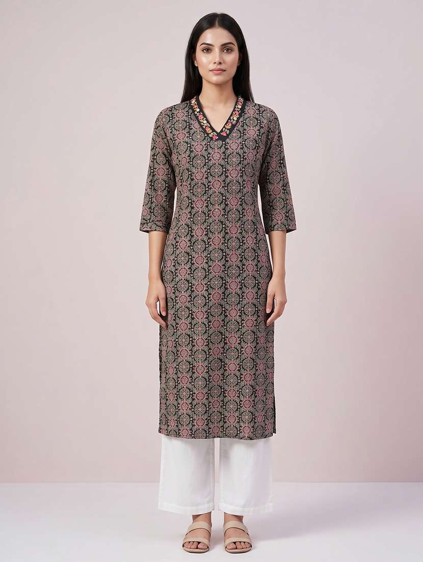 women printed three quarter sleeve straight kurta - 22558361 -  Standard Image - 2