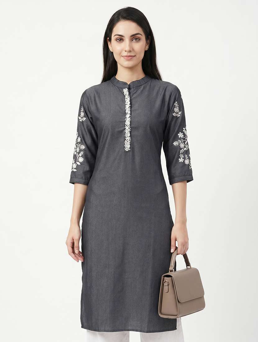 women embroidered three quarter sleeve straight kurta