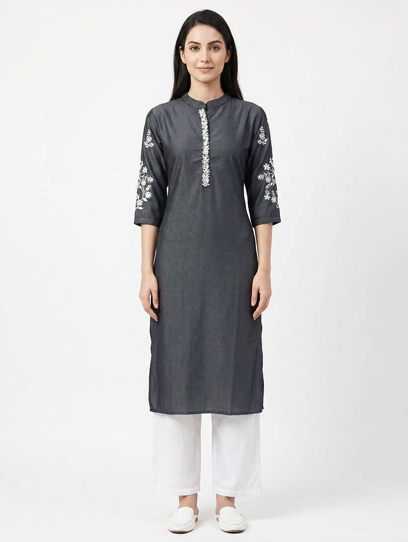 women embroidered three quarter sleeve straight kurta - 22558364 -  Standard Image - 2
