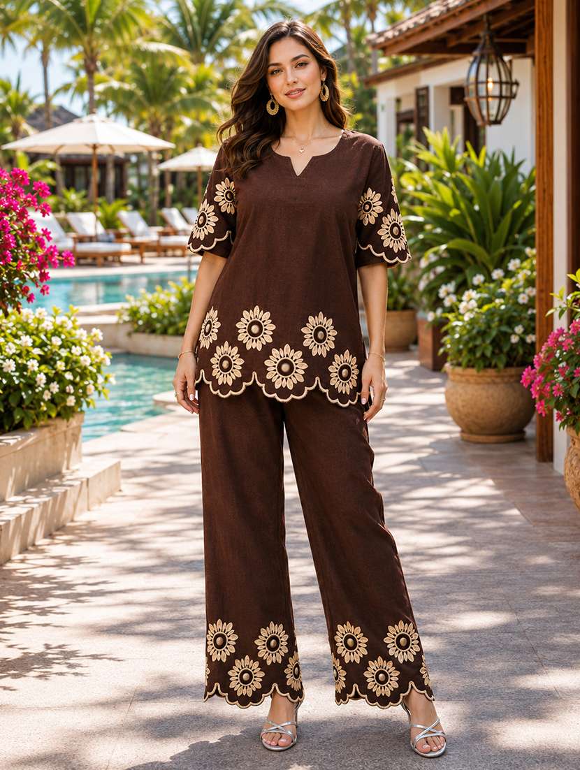women embroidered short sleeve ethnic co-ord set