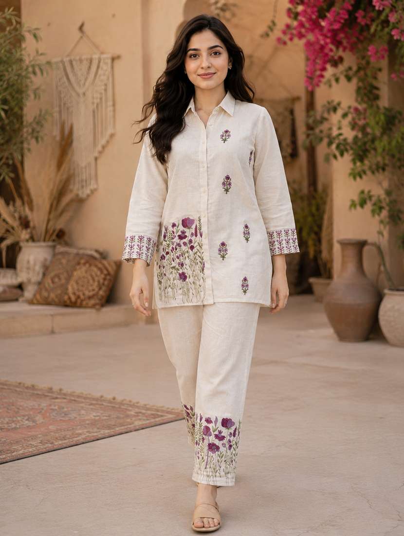 women embroidered three quarter sleeve ethnic co-ord set