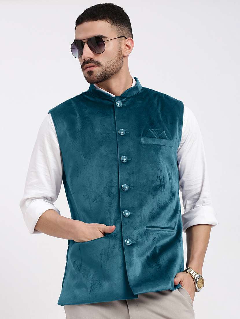 men solid mandarin neck regular fit nehru jacket