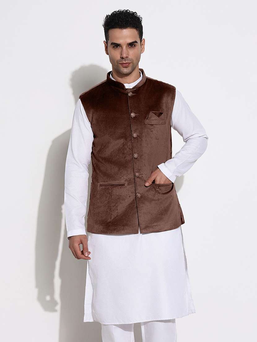 men solid mandarin neck regular fit nehru jacket
