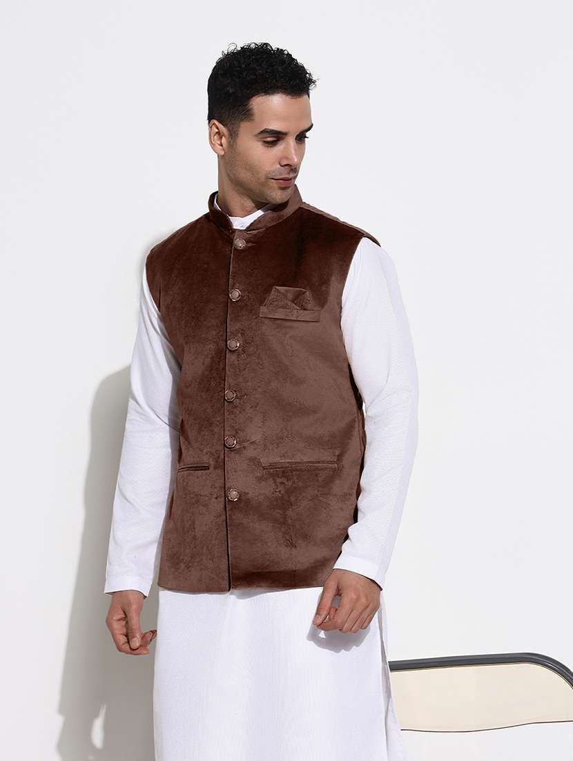 men solid mandarin neck regular fit nehru jacket - 22558502 -  Standard Image - 2
