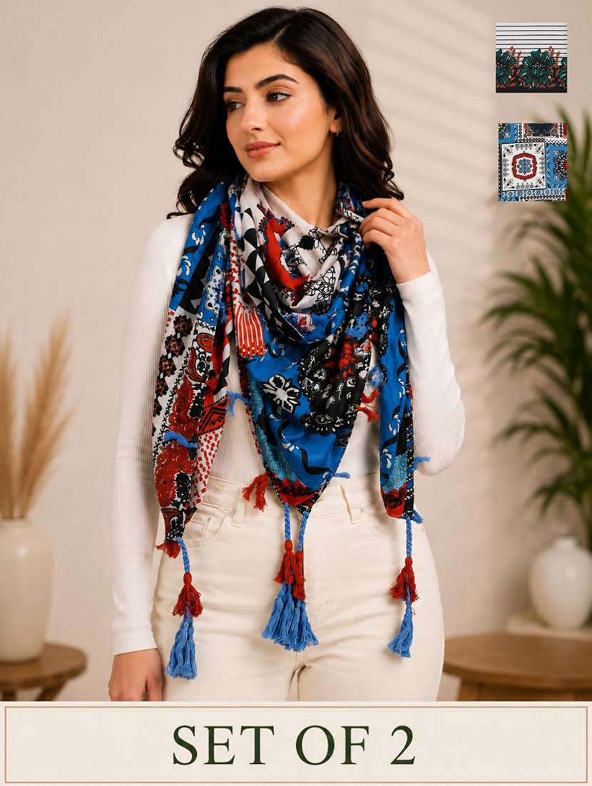 women pack of 2 printed scarf featuring with tassels