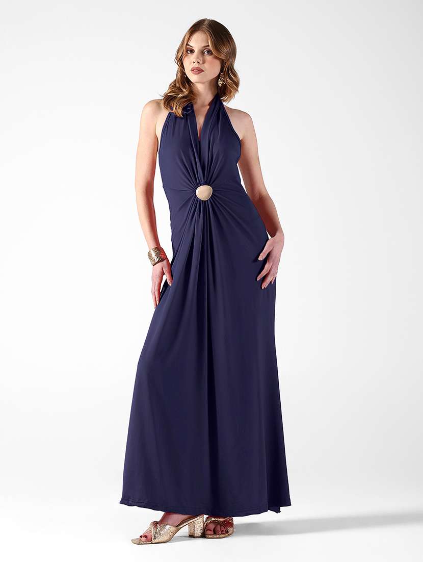 women solid halter neck a-line dress