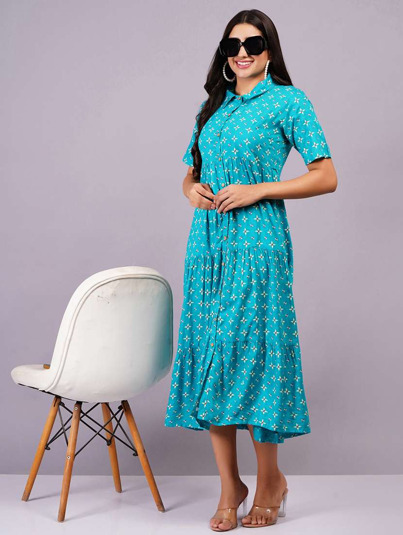 women printed short sleeves tiered dress