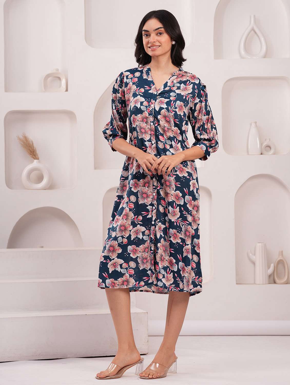 women printed three quarter sleeves a-line dress