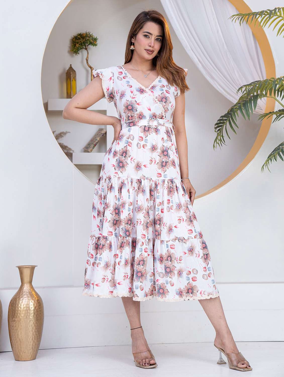 women printed cap sleeves tiered dress
