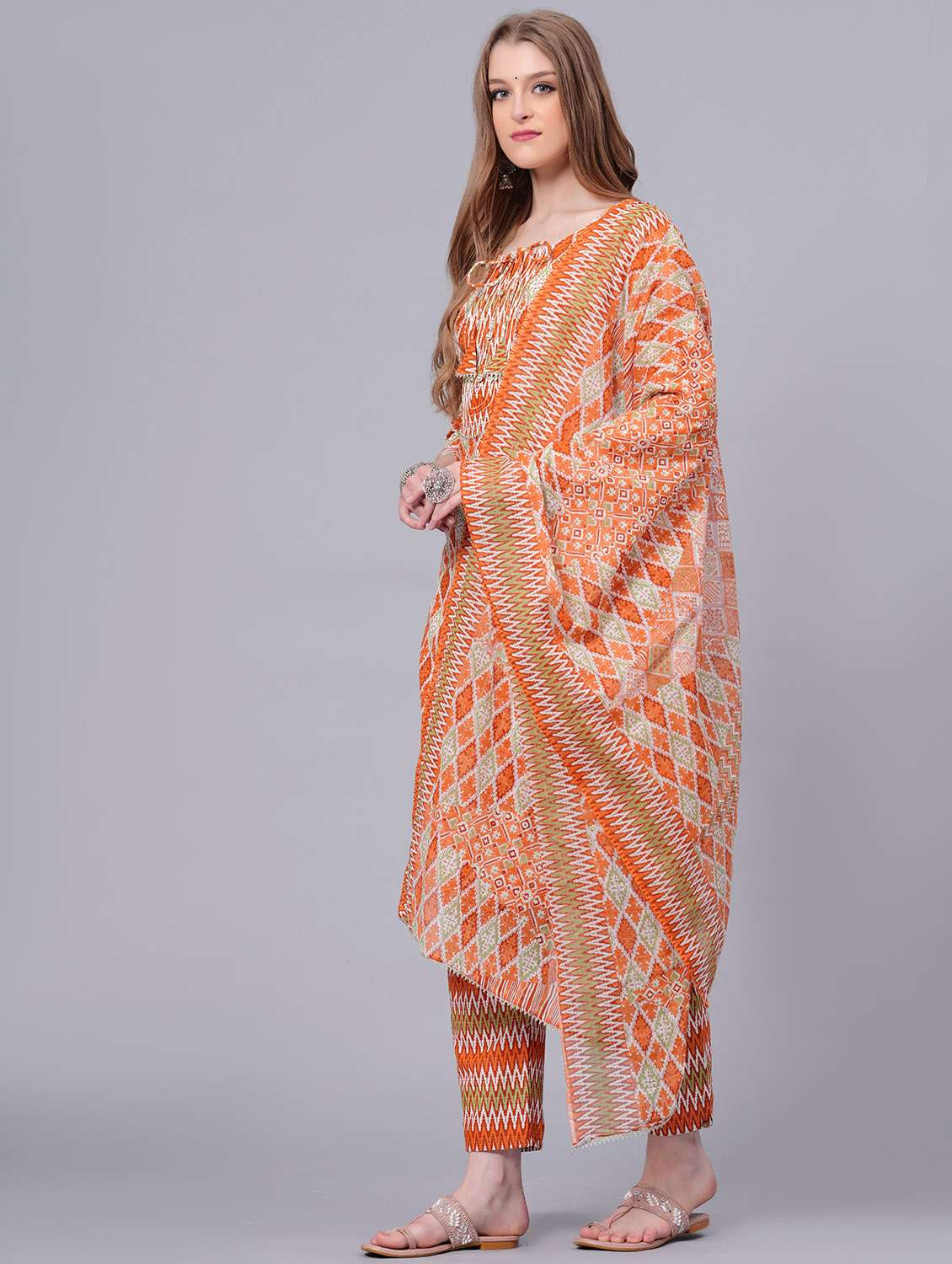 women printed three quarter sleeve kurta pant with dupatta set - 22558677 -  Standard Image - 2