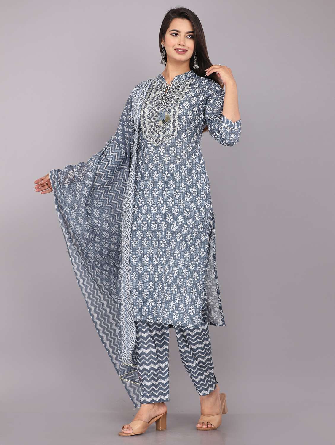 Women Printed Three Quarter Sleeve Kurta Pant With Dupatta Set - 22558678 -  Standard Image - 2