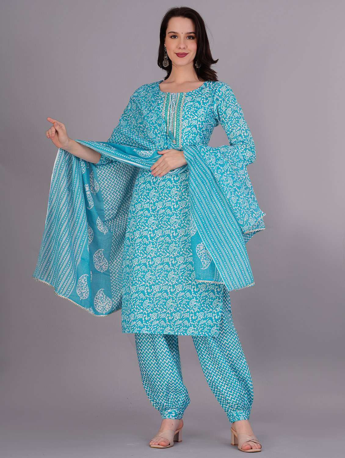 Women Printed Three Quarter Sleeve Kurta Salwar With Dupatta Set - 22558681 -  Standard Image - 2