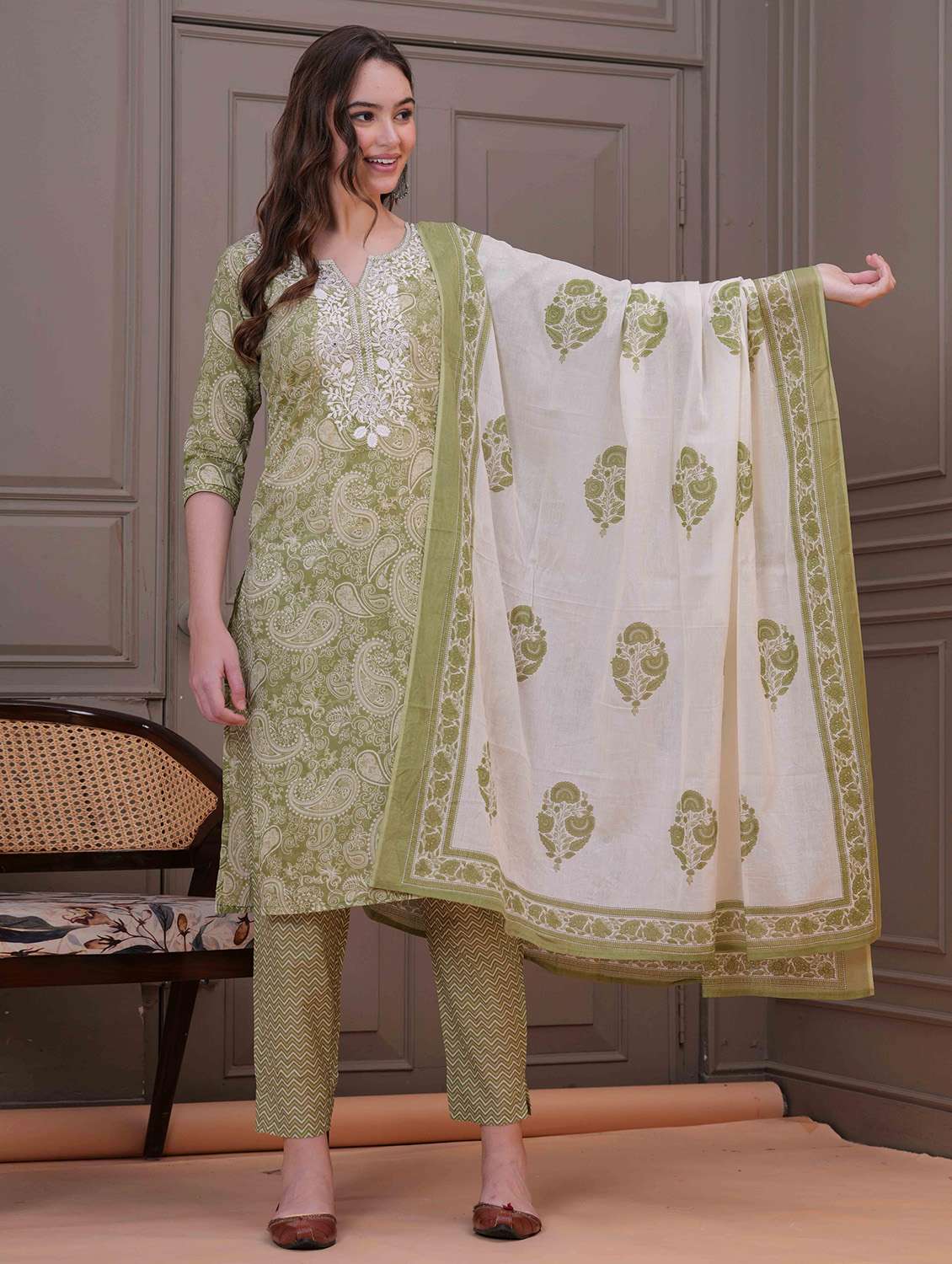 women printed three quarter sleeve kurta pant with dupatta set - 22558687 -  Standard Image - 2