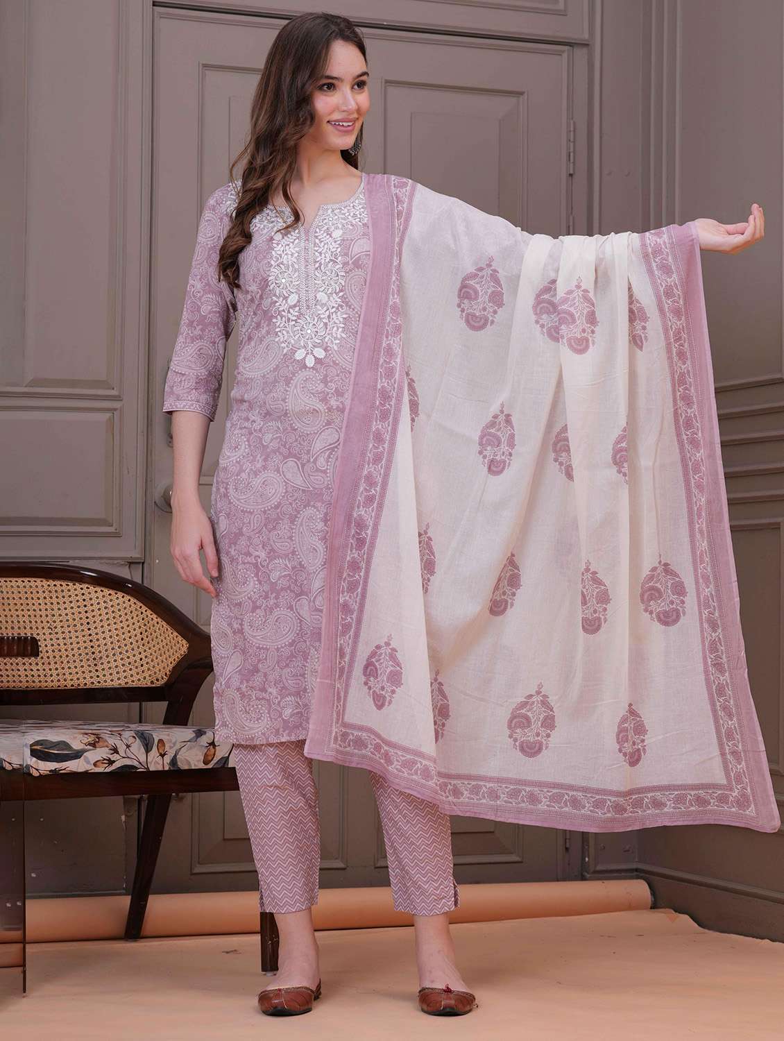 Women Printed Three Quarter Sleeve Kurta Pant With Dupatta Set - 22558688 -  Standard Image - 2