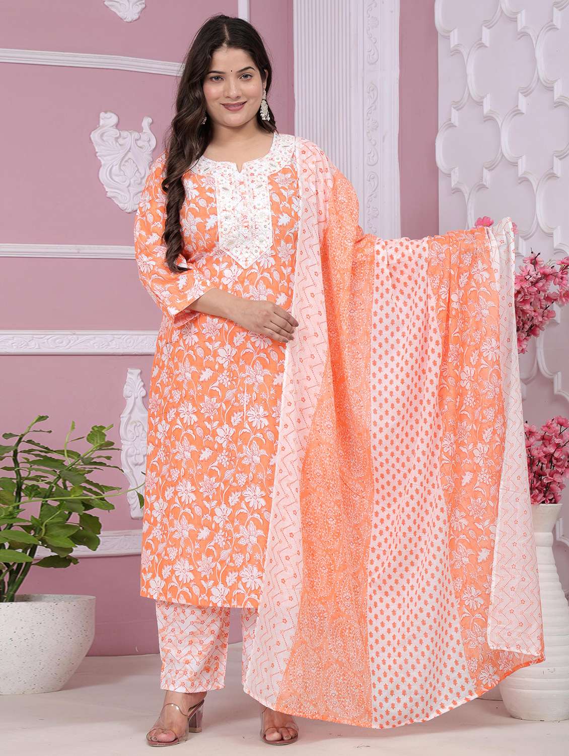 women printed three quarter sleeve kurta pant with dupatta set
