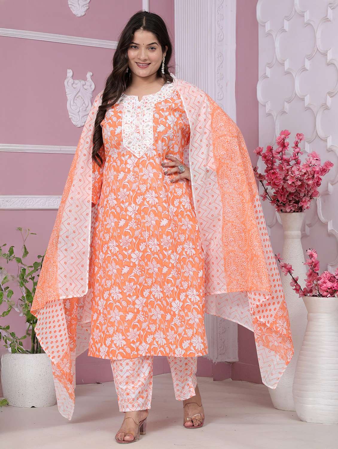 women printed three quarter sleeve kurta pant with dupatta set - 22558695 -  Standard Image - 2