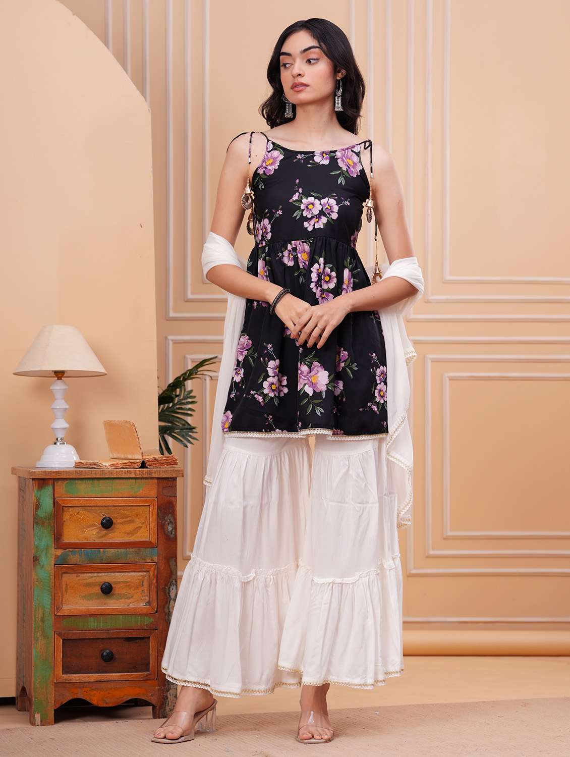 women floral shoulder strap kurta sharara with dupatta set