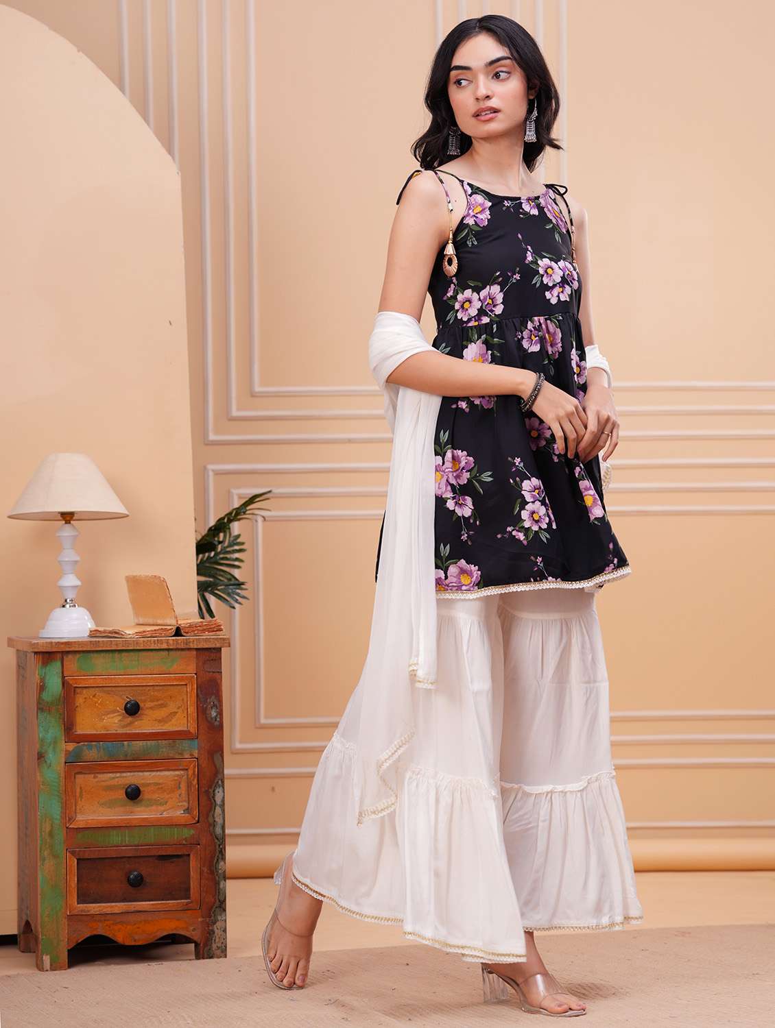 Women Floral Shoulder Strap Kurta Sharara With Dupatta Set - 22558701 -  Standard Image - 2