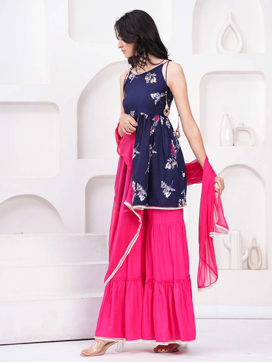 women floral shoulder strap kurta sharara with dupatta set - 22558702 -  Standard Image - 2