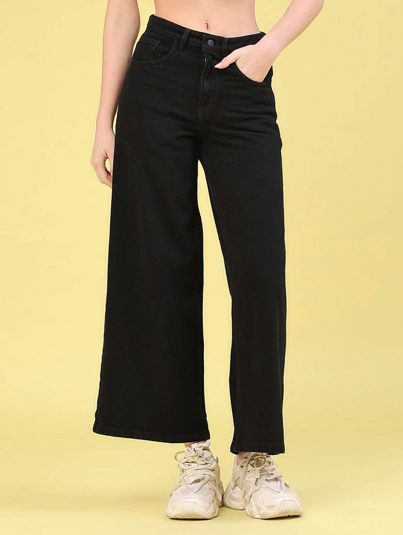 women solid mid rise wide leg jeans