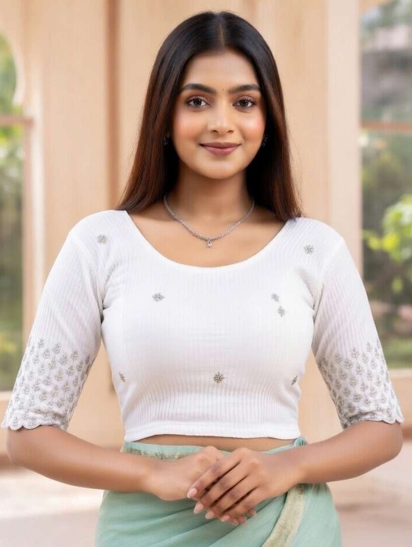 women embroidered round neck stitched blouse